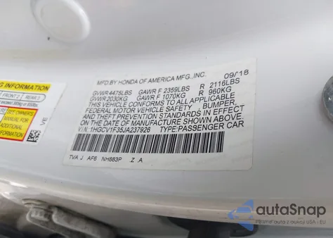 2018 Honda Accord Sport из США, поврежденный, VIN 1HGCV1F35JA237926